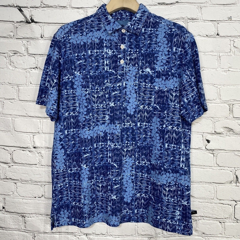 Tommy Bahama Island Zone Polo Mens Size M Blue Floral Geometric AOP Pattern Golf